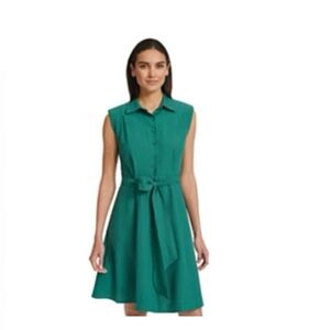 Calvin Klein Short Sleeve Collared Belted Pocketed Green Gauze Shirt Dress Sz 8